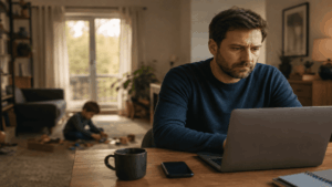 A work-from-home parent sits at a desk with a laptop open, expression distant, while a child plays alone in the background, illustrating the Paradox of Proximity.