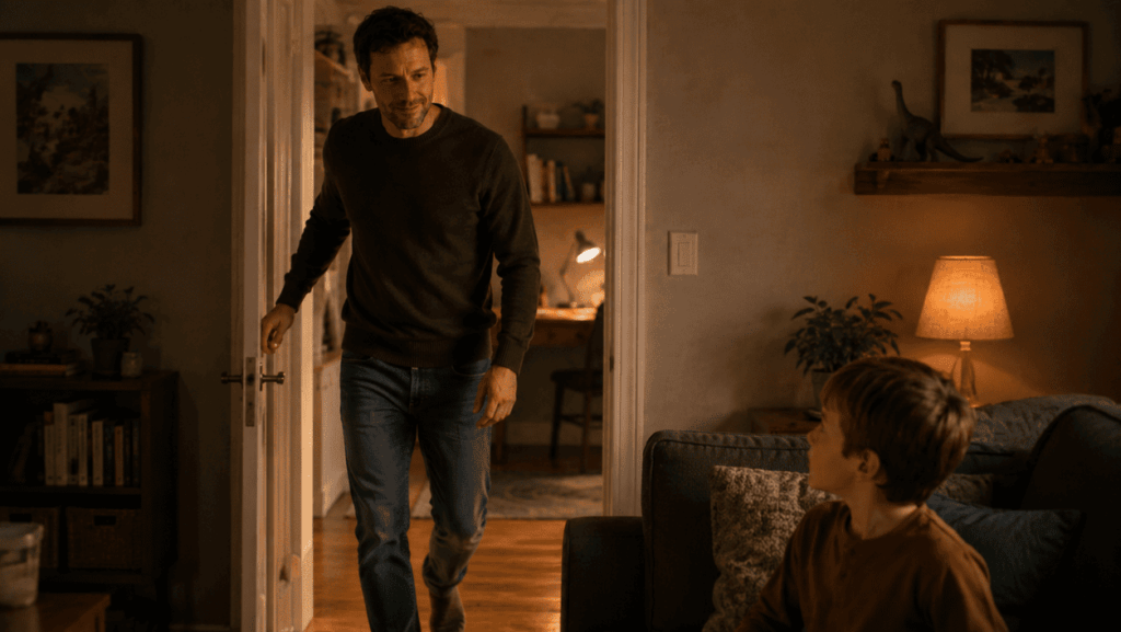 A parent steps deliberately through a doorway into the family living room, a child looking up to greet them, representing the transition from work mode to present parent using the Presence Practice.