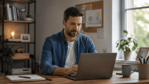 A dad working calmly at a home office desk with natural light, a child's drawing visible in the background.