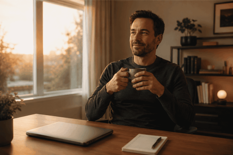 A work-from-home business owner sitting at a tidy home office desk with his laptop closed, holding a coffee cup, looking calm and settled, representing switching off from work without the business falling behind.