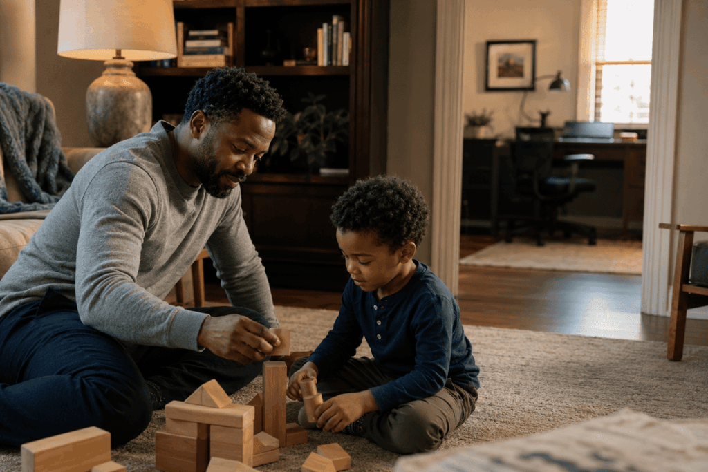 A work-from-home parent sitting on the living room floor with a young child, both engaged in an activity together, with a closed laptop visible through a doorway in the background, representing genuine presence after the working day has ended.